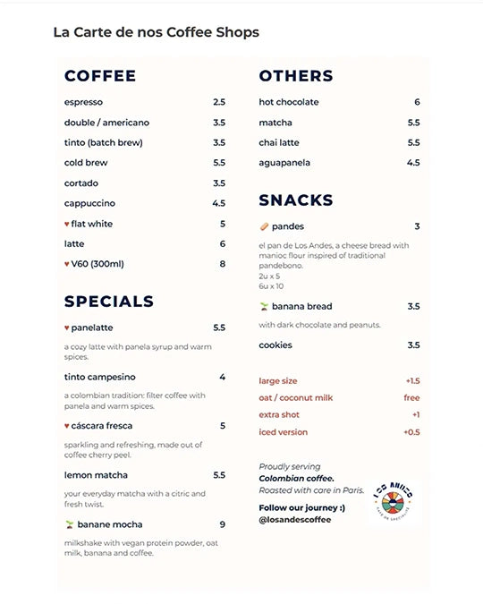 La Carte de nos Coffee Shops