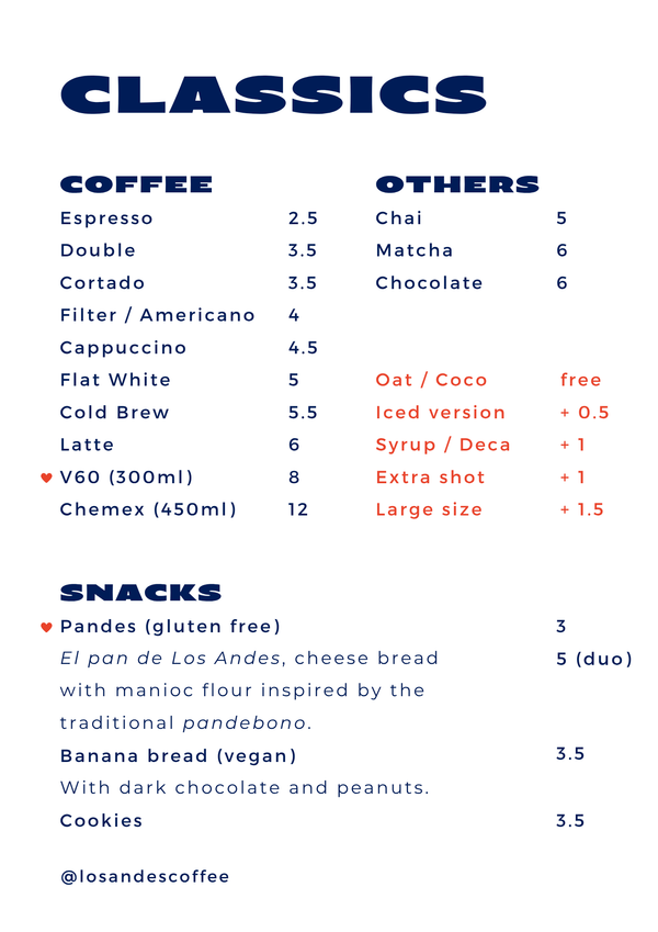 La Carte de nos Coffee Shops